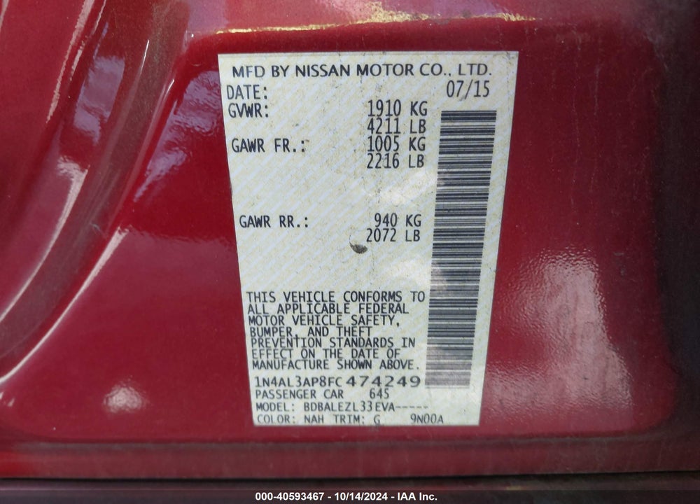 2015 NISSAN ALTIMA 2.5/2.5 S/2.5 SL/2.5 SV VIN: 1N4AL3AP8FC474249