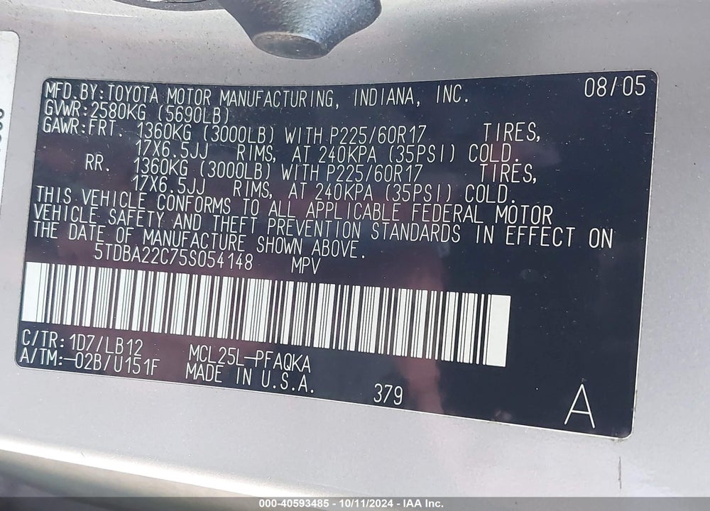 2005 TOYOTA SIENNA XLE LIMITED VIN: 5TDBA22C75S054148