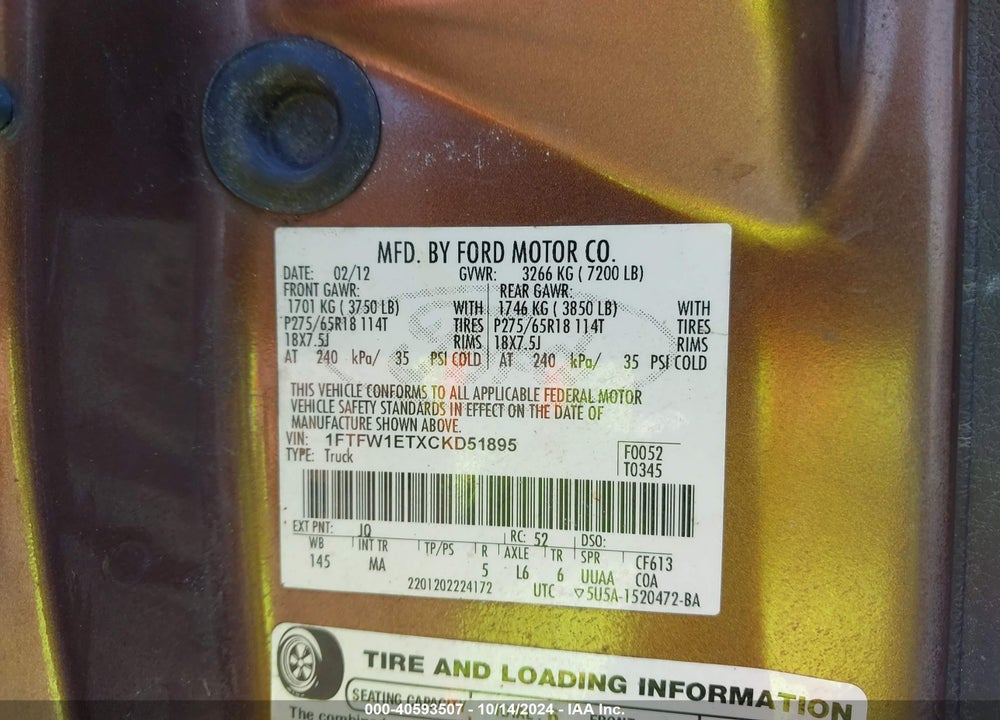 2012 FORD F-150 XLT VIN: 1FTFW1ETXCKD51895