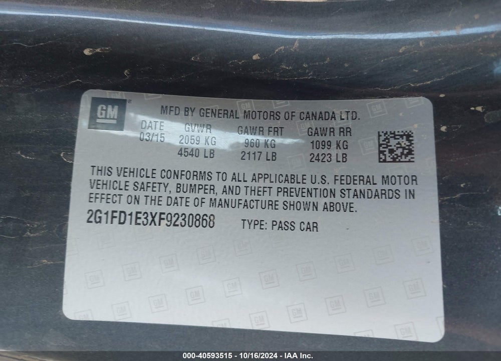 2015 CHEVROLET CAMARO 1LT VIN: 2G1FD1E3XF9230868