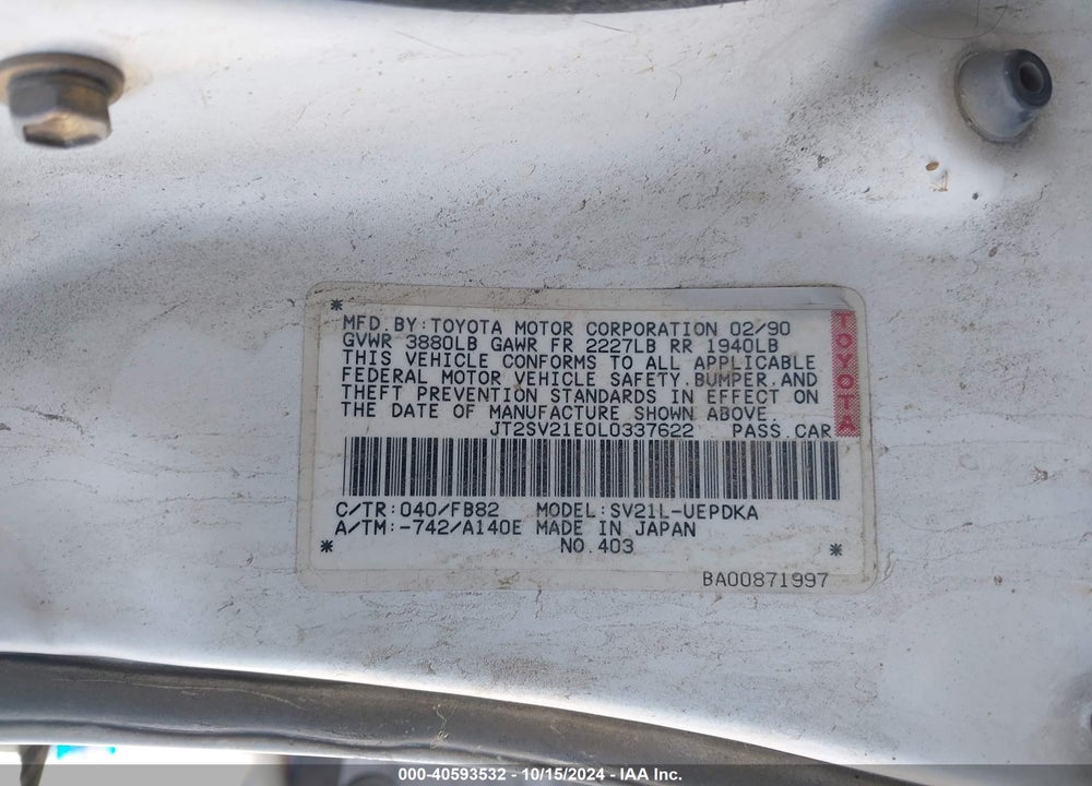 1990 TOYOTA CAMRY DLX VIN: JT2SV21E0L0337622