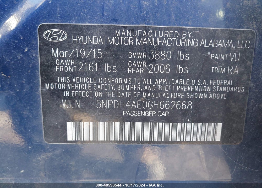 2016 HYUNDAI ELANTRA SE VIN: 5NPDH4AE0GH662668
