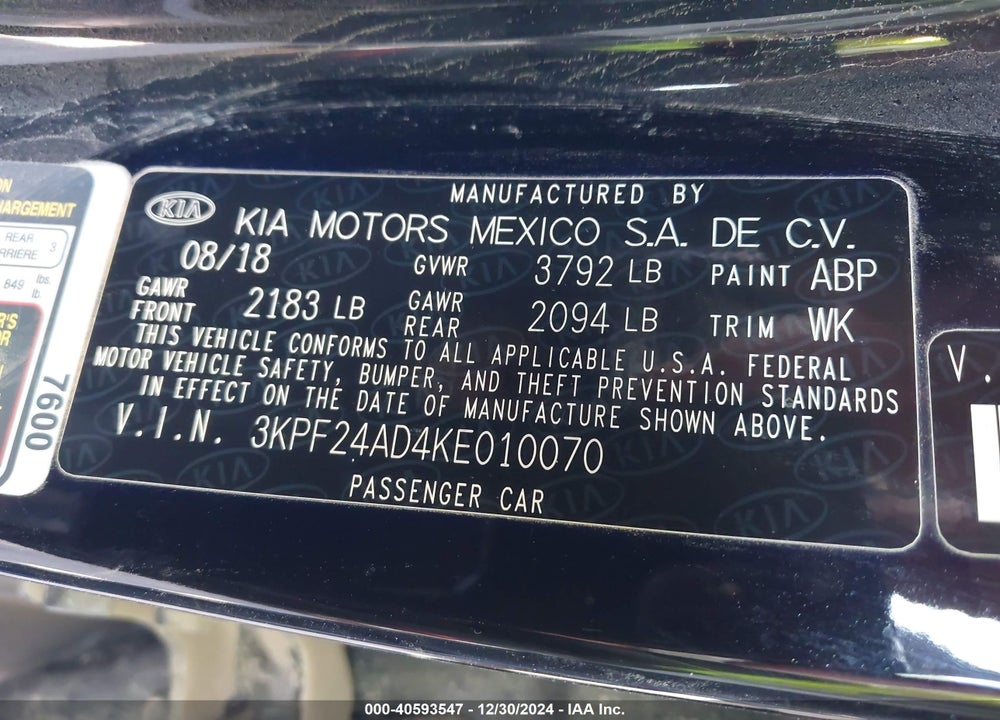 2019 KIA FORTE FE VIN: 3KPF24AD4KE010070