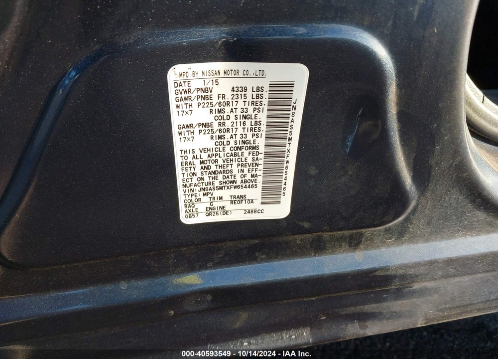 2015 NISSAN ROGUE SELECT VIN: JN8AS5MTXFW654465