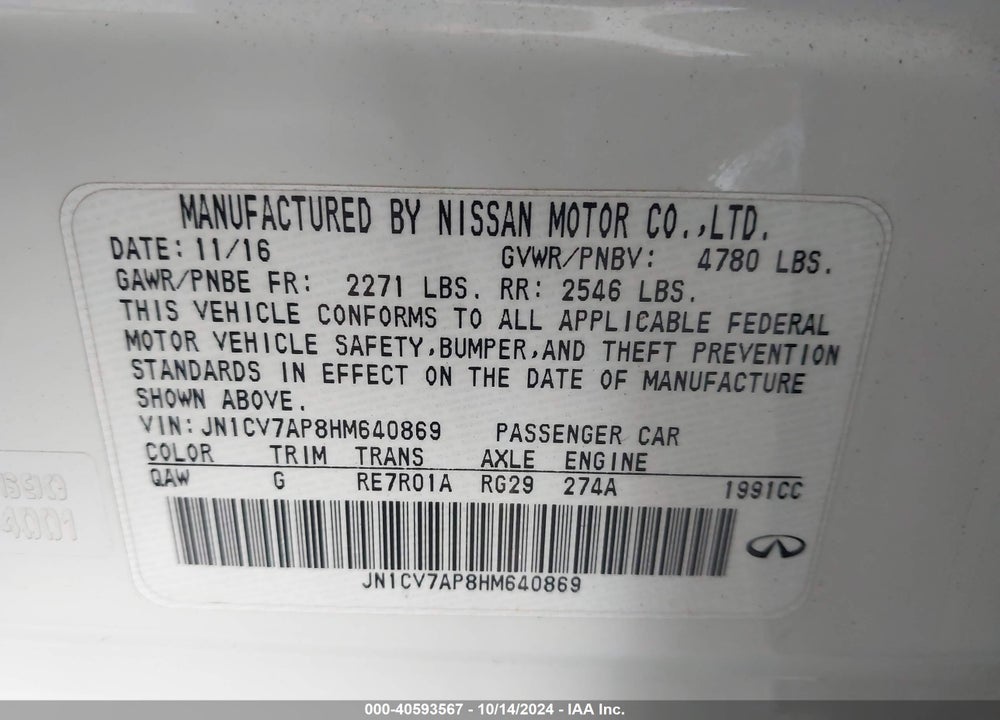 2017 INFINITI Q50 2.0T BASE VIN: JN1CV7AP8HM640869