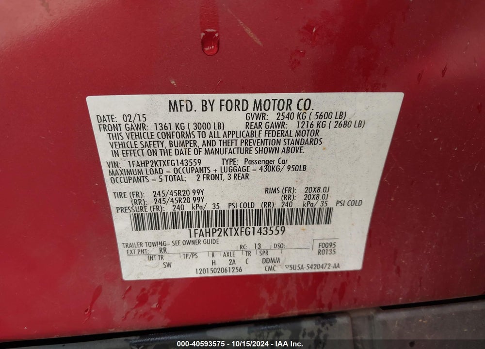 2015 FORD TAURUS SHO VIN: 1FAHP2KTXFG143559
