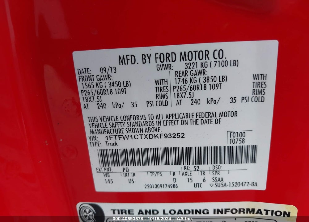 2013 FORD F-150 XLT VIN: 1FTFW1CTXDKF93252