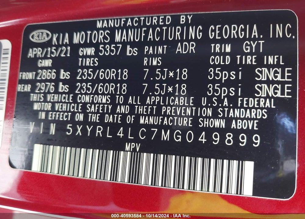 2021 KIA SORENTO S VIN: 5XYRL4LC7MG049899