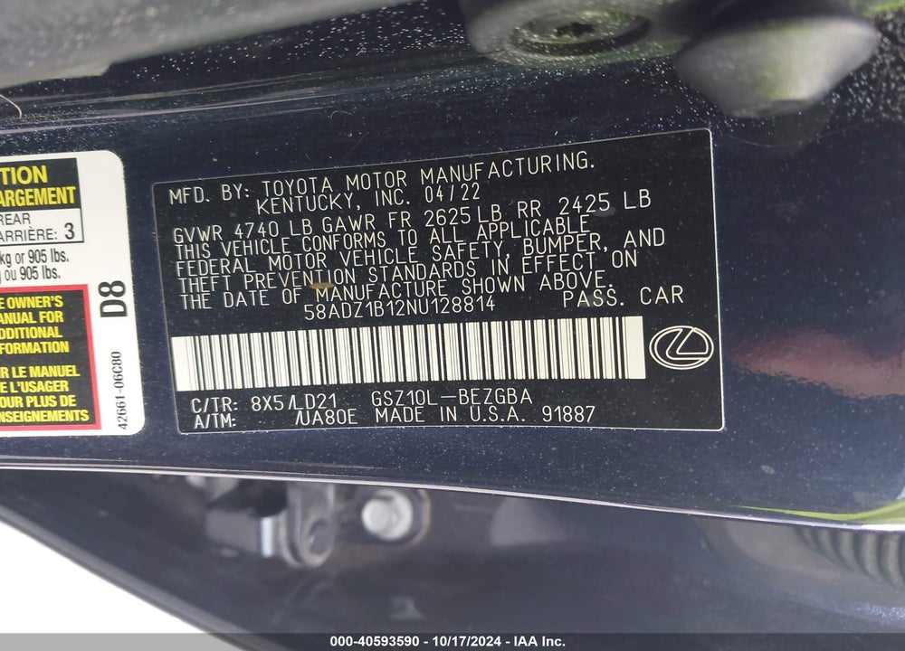 2022 LEXUS ES 350 VIN: 58ADZ1B12NU128814