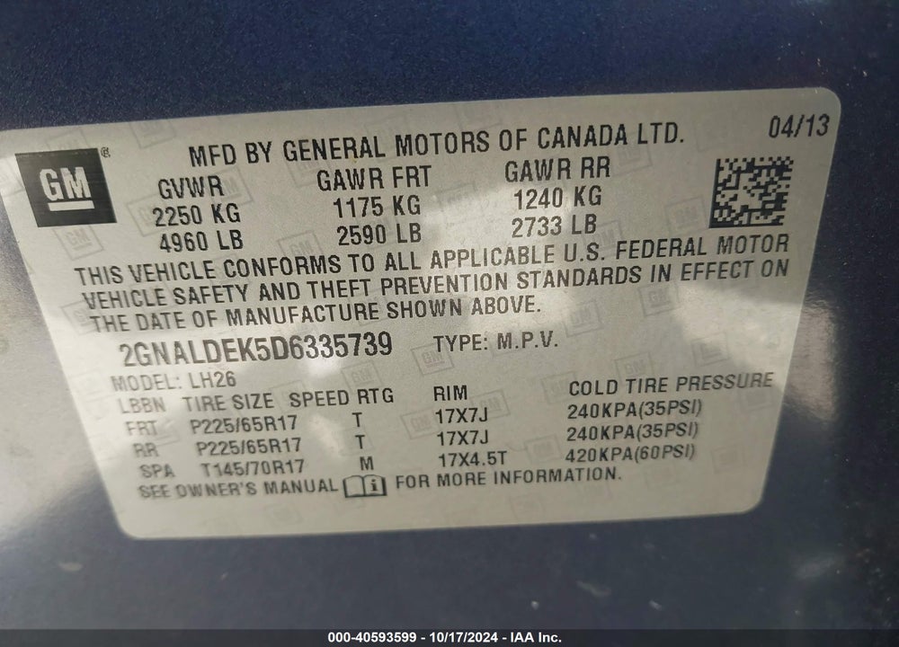 2013 CHEVROLET EQUINOX 1LT VIN: 2GNALDEK5D6335739
