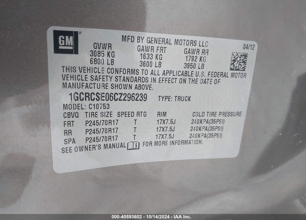 2012 CHEVROLET SILVERADO 1500 LT VIN: 1GCRCSE06CZ296239