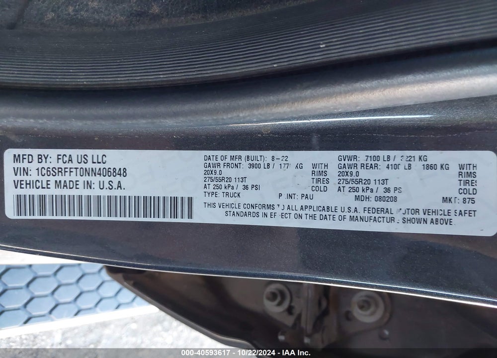 2022 RAM 1500 VIN: 1C6SRFFT0NN406848