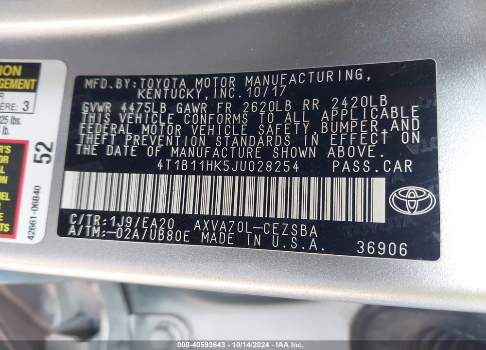 2018 TOYOTA CAMRY SE VIN: 4T1B11HK5JU028254
