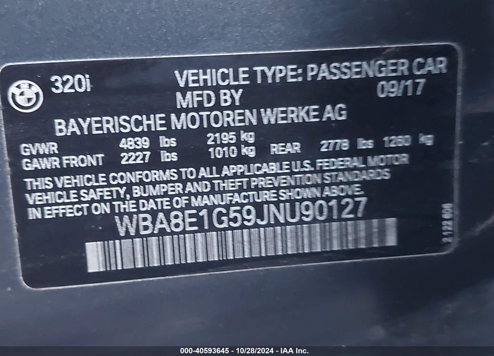 2018 BMW 320I VIN: WBA8E1G59JNU90127
