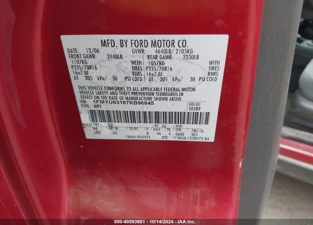 2007 FORD ESCAPE XLT/XLT SPORT VIN: 1FMYU93187KB96845