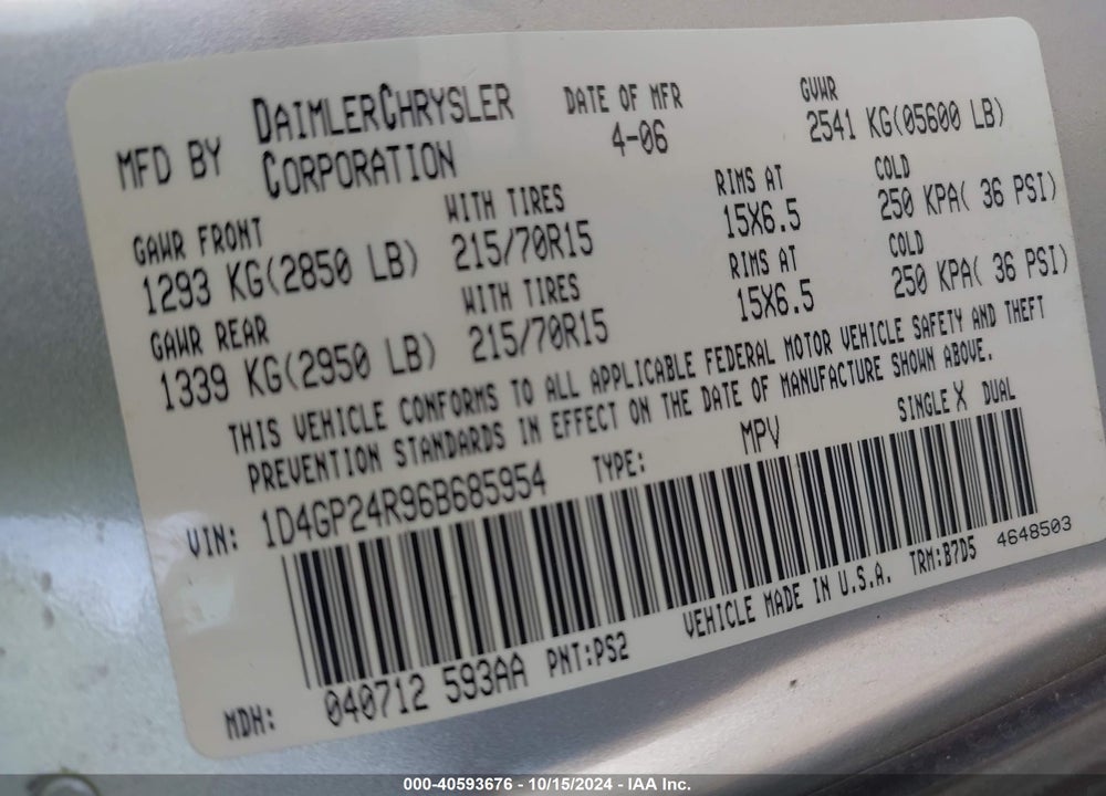 2006 DODGE GRAND CARAVAN SE VIN: 1D4GP24R96B685954