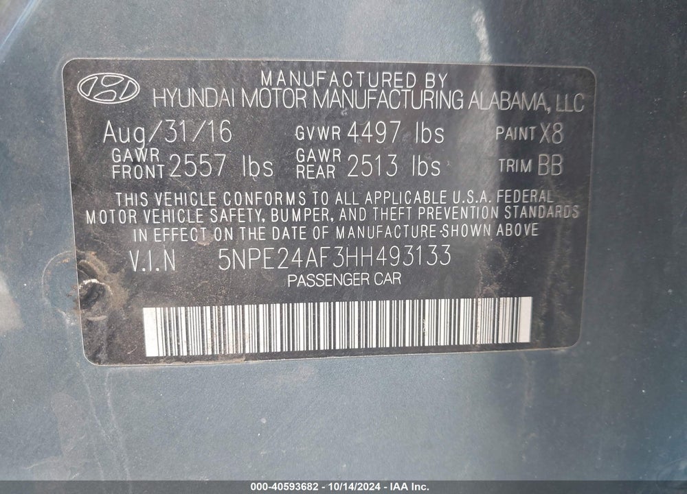 2017 HYUNDAI SONATA VIN: 5NPE24AF3HH493133