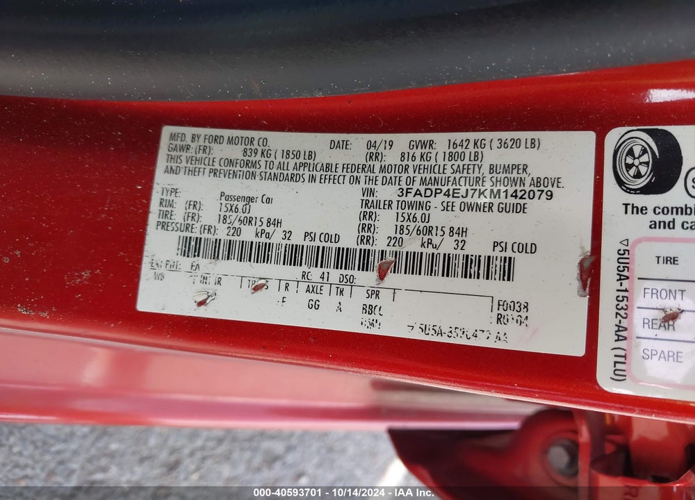 2019 FORD FIESTA SE VIN: 3FADP4EJ7KM142079