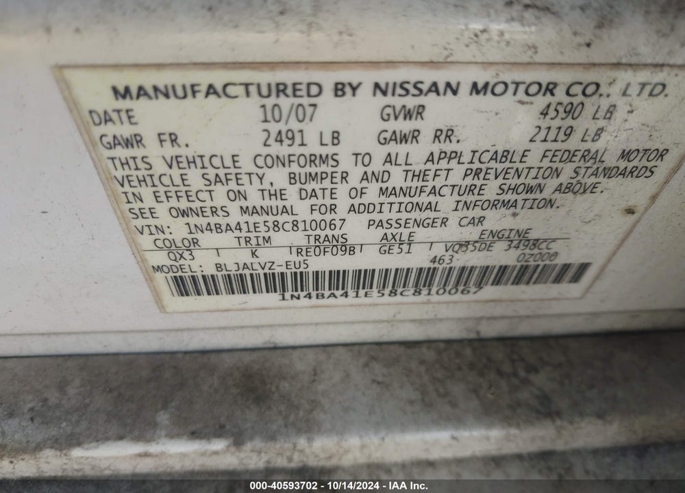 2008 NISSAN MAXIMA 3.5 SE VIN: 1N4BA41E58C810067