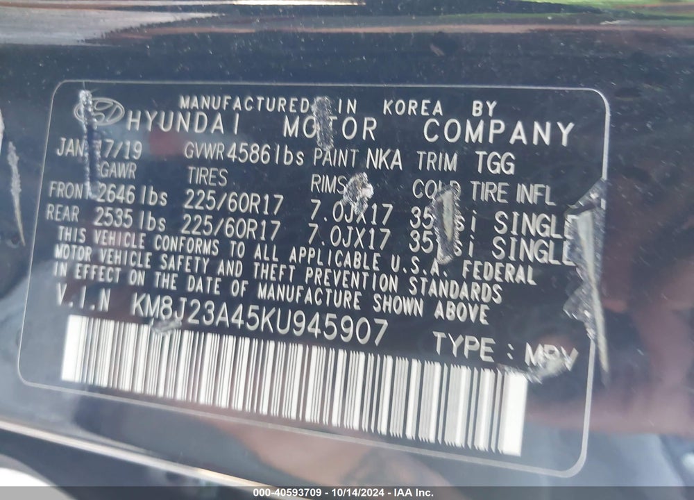 2019 HYUNDAI TUCSON SE VIN: KM8J23A45KU945907