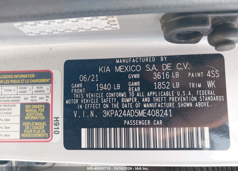 2021 KIA RIO S VIN: 3KPA24AD5ME408241