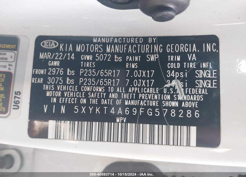 2015 KIA SORENTO LX VIN: 5XYKT4A69FG578286