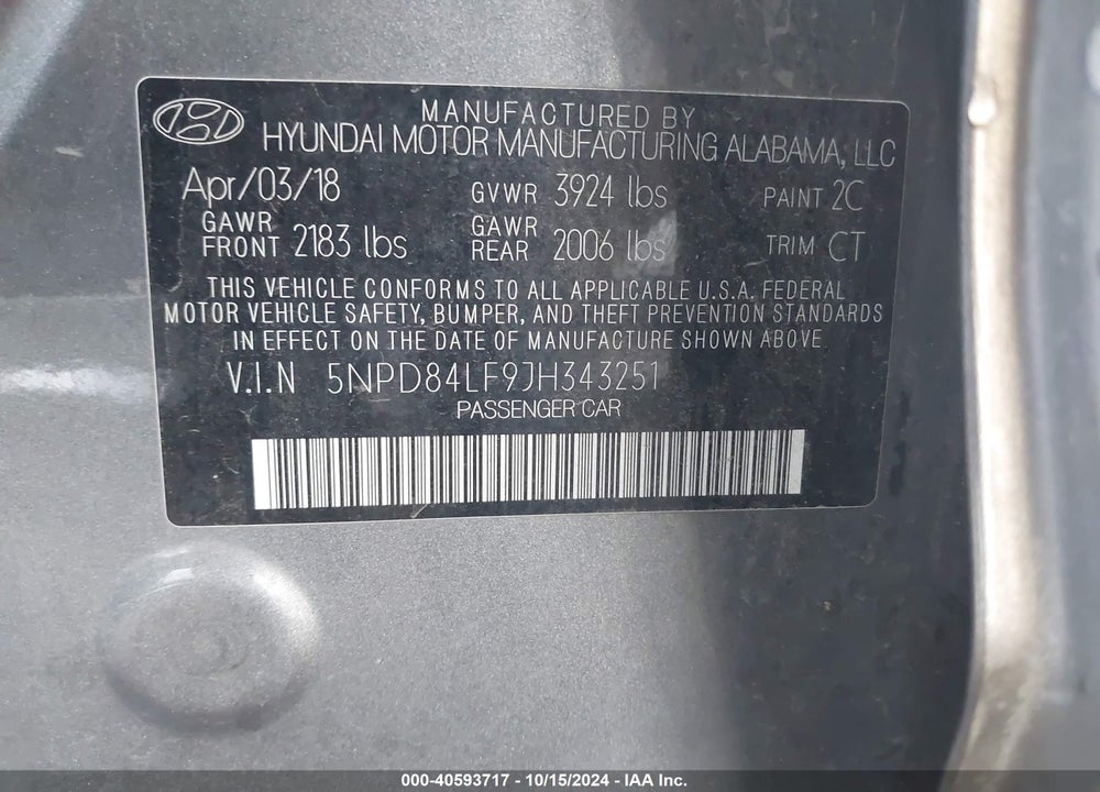 2018 HYUNDAI ELANTRA SEL VIN: 5NPD84LF9JH343251