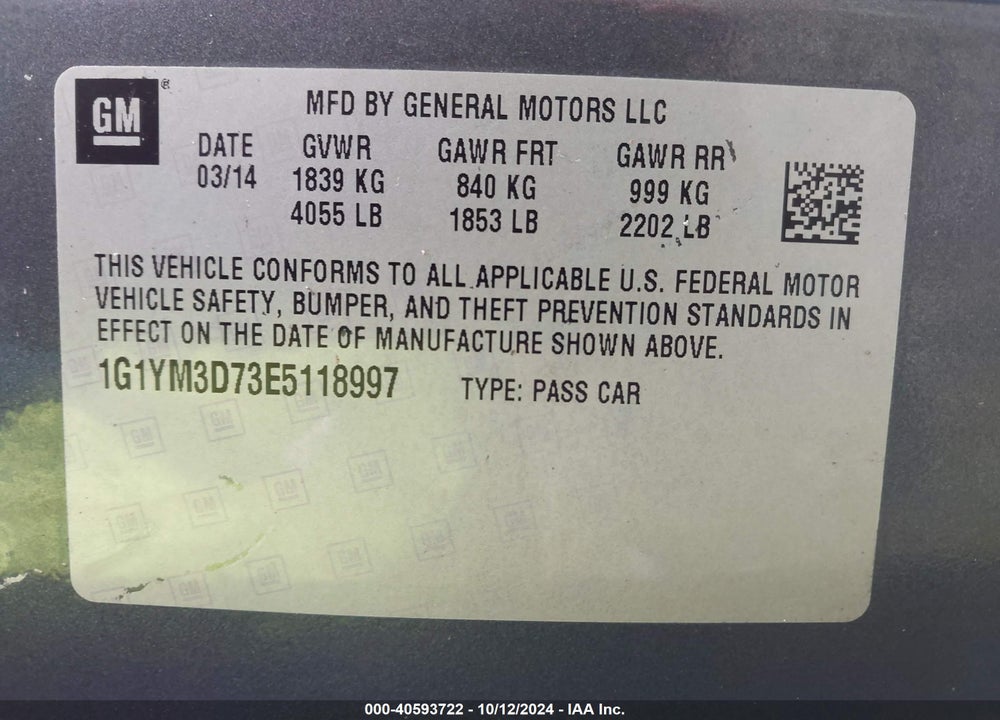 2014 CHEVROLET CORVETTE STINGRAY Z51 VIN: 1G1YM3D73E5118997