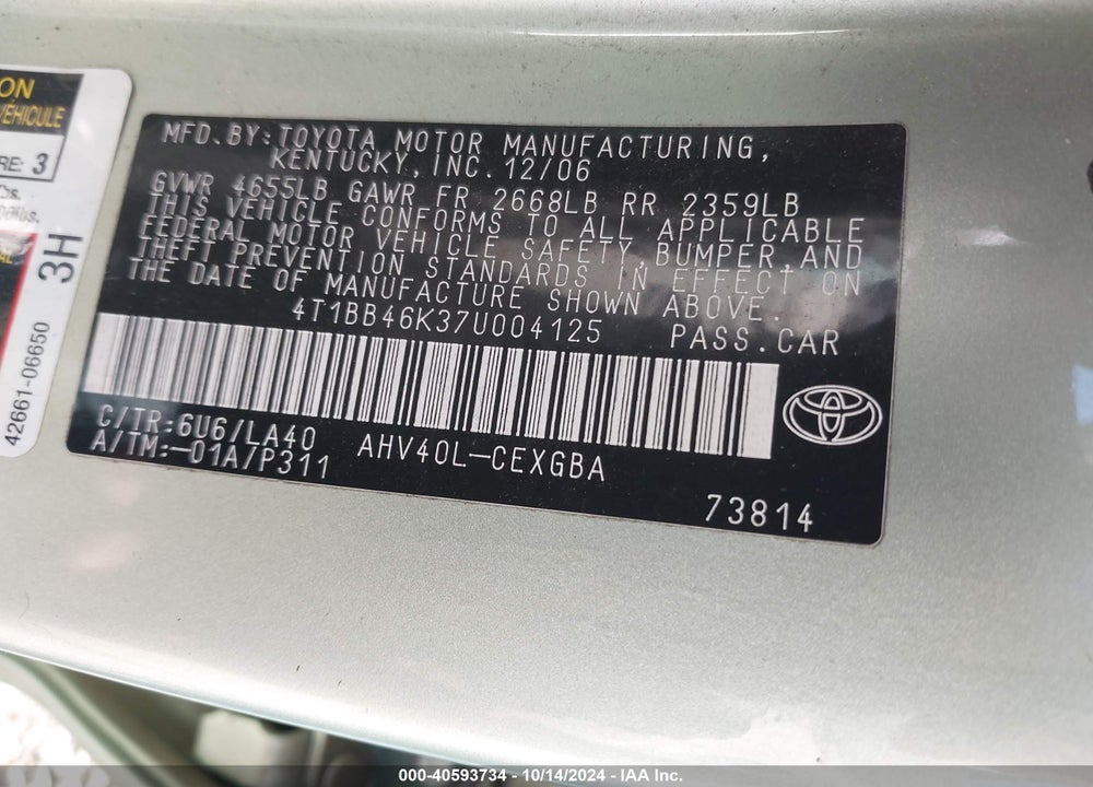 2007 TOYOTA CAMRY HYBRID VIN: 4T1BB46K37U004125