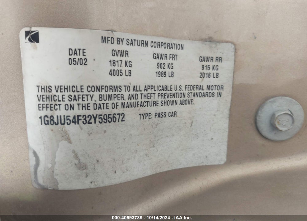 2002 SATURN L200 VIN: 1G8JUS4F32Y595672