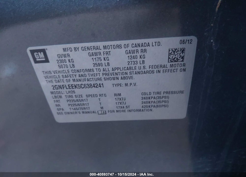 2012 CHEVROLET EQUINOX 1LT VIN: 2GNFLEEK5C6384241