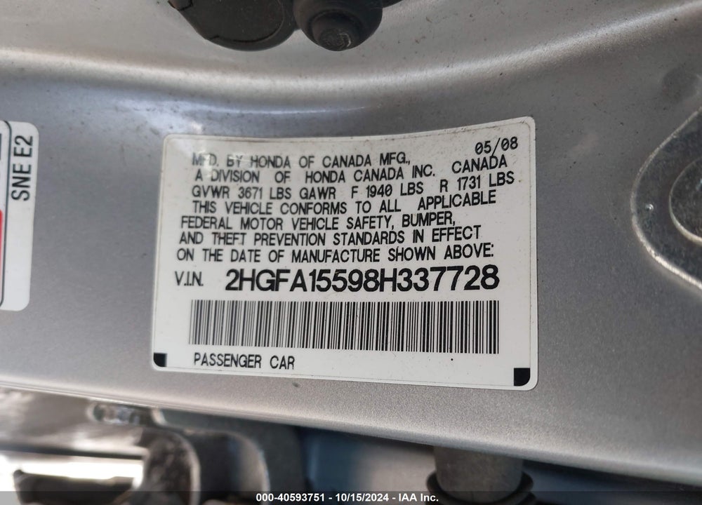 2008 HONDA CIVIC LX VIN: 2HGFA15598H337728