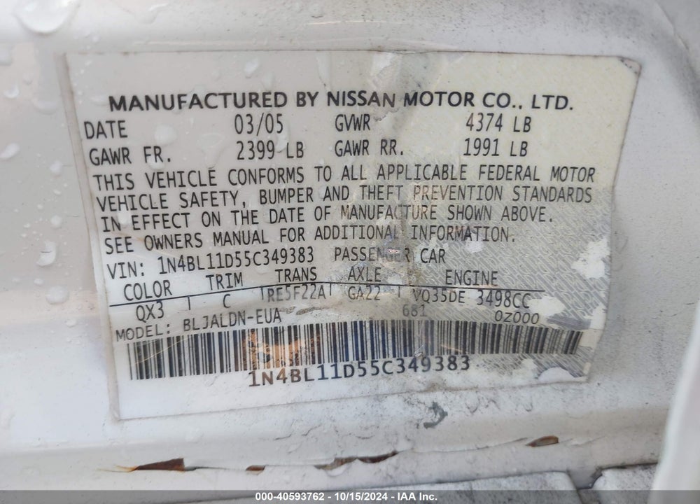 2005 NISSAN ALTIMA 3.5 SL VIN: 1N4BL11D55C349383