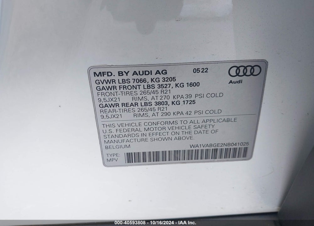 2022 AUDI E-TRON CHRONOS QUATTRO VIN: WA1VABGE2NB041025