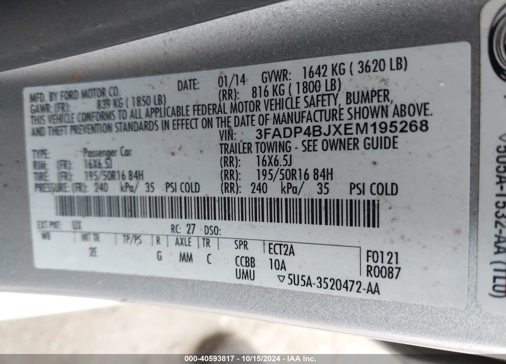 2014 FORD FIESTA VIN: 3FADP4BJXEM195268