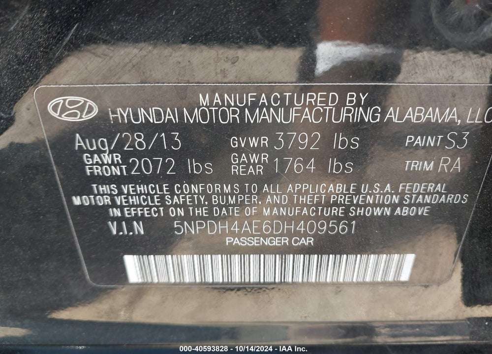 2013 HYUNDAI ELANTRA GLS VIN: 5NPDH4AE6DH409561