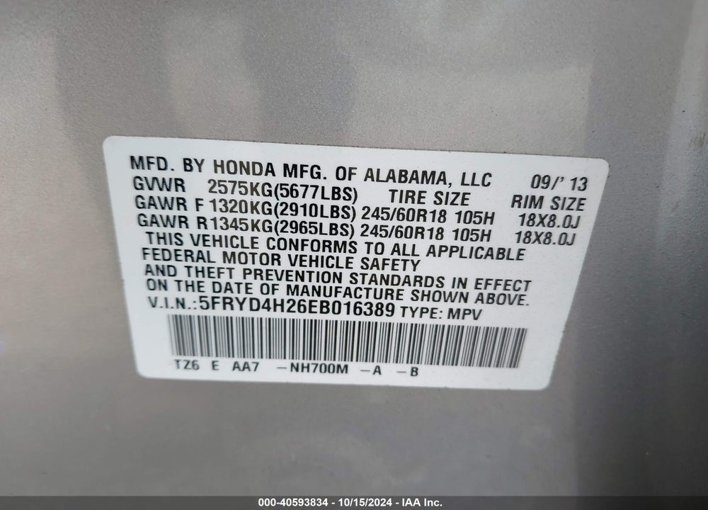 2014 ACURA MDX VIN: 5FRYD4H26EB016389