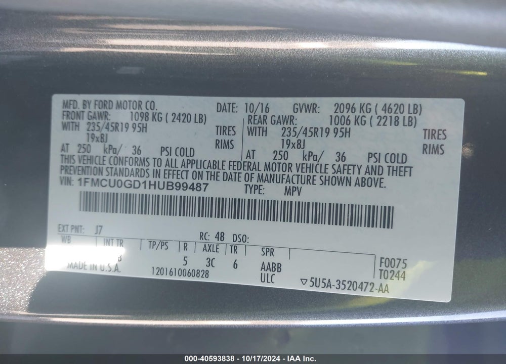 2017 FORD ESCAPE SE VIN: 1FMCU0GD1HUB99487