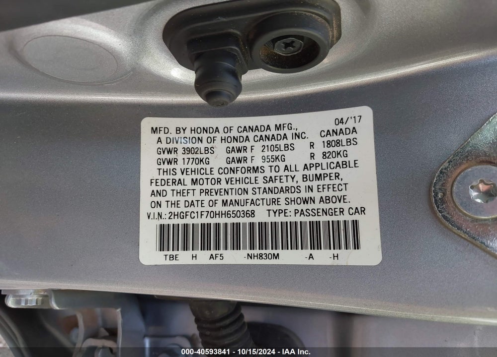 2017 HONDA CIVIC EX-L VIN: 2HGFC1F70HH650368