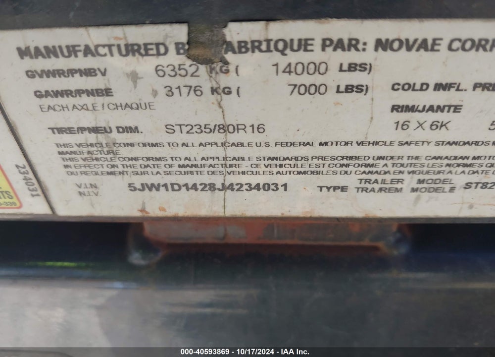 2018 SURE DUMP TRLR VIN: 5JW1D1428J4234031