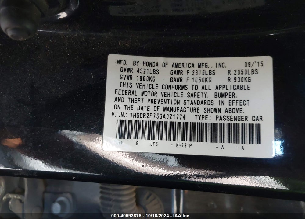 2016 HONDA ACCORD EX VIN: 1HGCR2F75GA021774