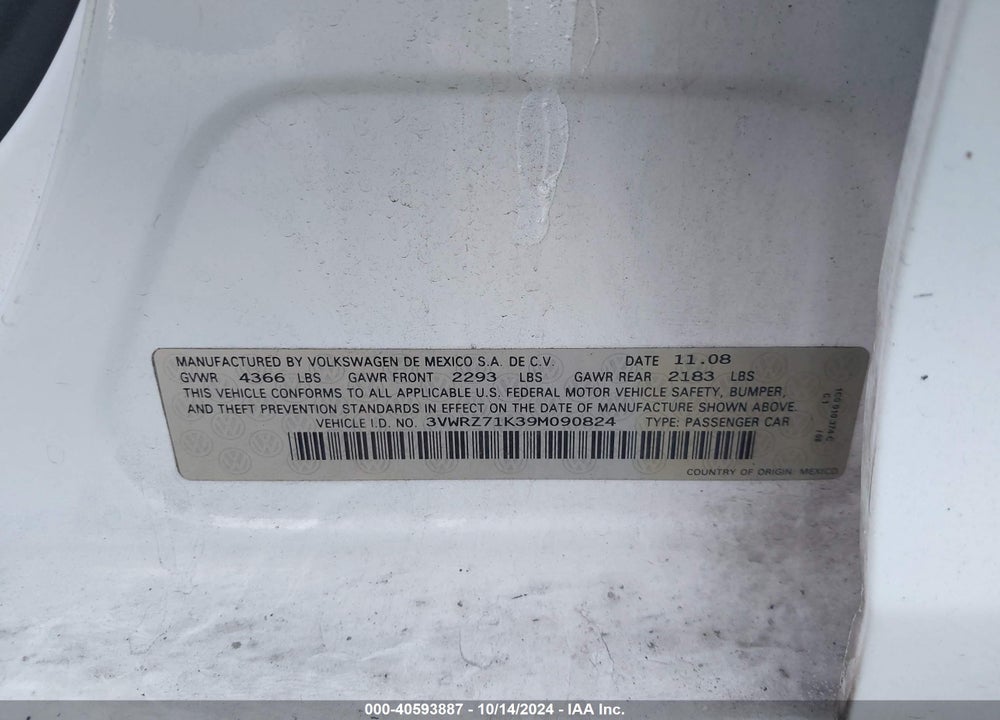 2009 VOLKSWAGEN JETTA SE VIN: 3VWRZ71K39M090824