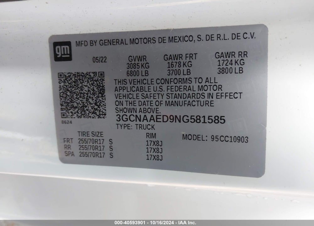 2022 CHEVROLET SILVERADO 1500 WORK TRUCK VIN: 3GCNAAED9NG581585