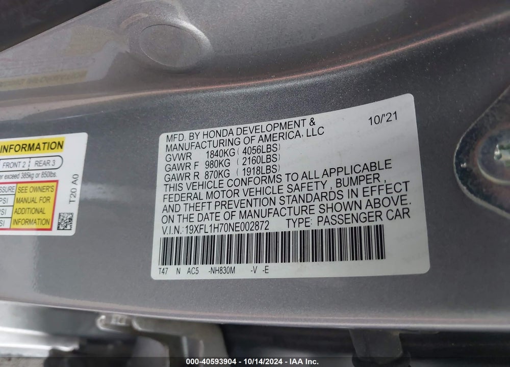 2022 HONDA CIVIC EX-L VIN: 19XFL1H70NE002872