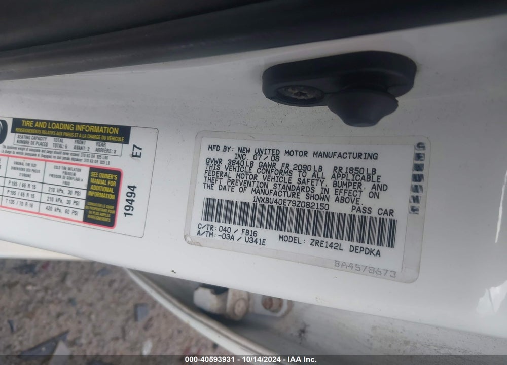 2009 TOYOTA COROLLA VIN: 1NXBU40E79Z082150