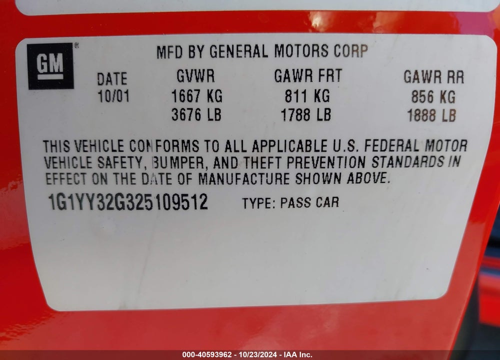 2002 CHEVROLET CORVETTE VIN: 1G1YY32G325109512