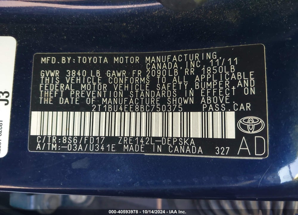 2011 TOYOTA COROLLA S VIN: 2T1BU4EE8BC750375