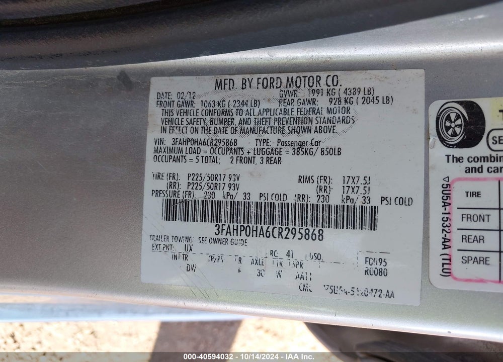 2012 FORD FUSION SE VIN: 3FAHP0HA6CR295868