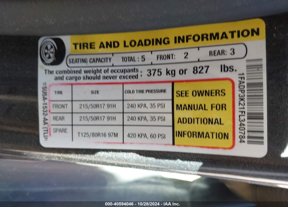 2015 FORD FOCUS SE VIN: 1FADP3K21FL340784