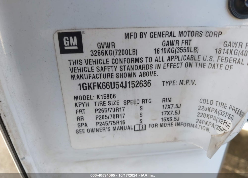 2004 GMC YUKON XL 1500 DENALI VIN: 1GKFK66U54J152636